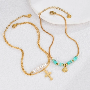 Gold-plated stainless steel anklet set featuring white pearls, shell charm and blue beads