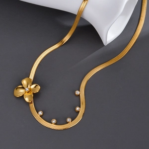 Flower Pendant Necklace Stainless Steel 18K Gold Plated Zircon Inlaid Snake Bone Chain Minimalist For Women