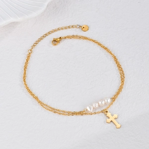 Double-layered 18k gold stainless steel anklet featuring cross charm and white pearls