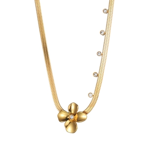 18K gold flower necklace with diamond pendant on flat snake chain with cubic zirconia