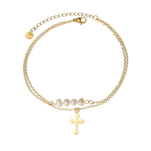 Double-layer stainless steel anklet with white pearls and cross pendant in gold finish