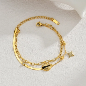 Double-layered gold ladybug and star link chain bracelet made of titanium steel for women