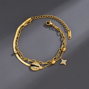Double Layer Stainless Steel Bracelet For Women Chic Ladybug Star Rhinestone Enamel Pendant Snake Link Chain Gold Jewelry