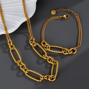 Collier Et Bracelet En Chaîne D'Acier Inoxydable Maillons Géométriques Mélangés Texture Corde Torsadée Plaqué Or Hip Hop