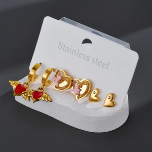 French vintage stainless steel heart earring set with gold wings and pink enamel