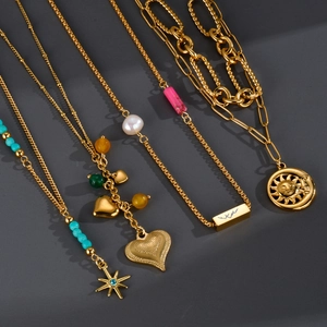 Heart Star Sun Moon Pendant Necklace For Women Stainless Steel Gold Plated Non-Tarnish With Artificial Pearl Colorful Beads