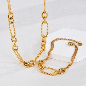 Ensemble collier et bracelet en acier inoxydable doré avec maillons épais et ronds