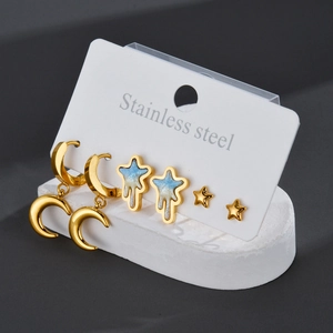 Set of 3 French vintage stainless steel star and moon earrings with gold and blue finish