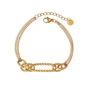 Détail du bracelet doré double chaîne en acier inoxydable avec anneaux et fermoir mousqueton
