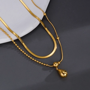 Collier Multicouche Avec Pendentif Goutte Acier Inoxydable Plaqué Or Chaîne Serpent Et Billes Bijoux Mode Pour Femmes