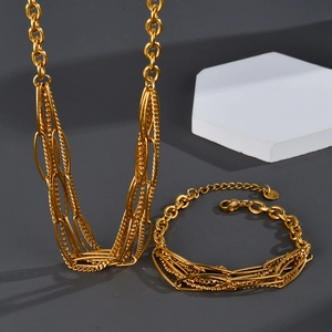 Modern gold layered stainless steel jewelry set featuring chain necklace and bracelet