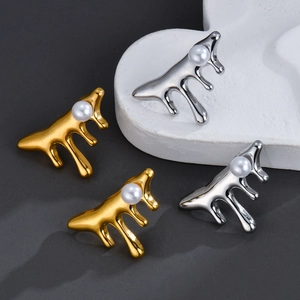 Irregular Lava Liquid Metal Stud Earrings With Faux Artificial Pearl Stainless Steel Minimalist Fluid Aesthetic Jewelry For Women