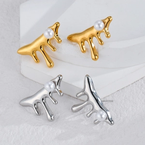 Modern gold and silver lava drop earrings with white baroque pearls in a minimalist style