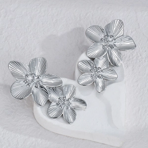 Elegant 18K silver plated stainless steel double floral earrings with textured petals