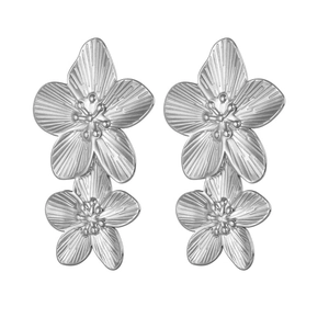 Elegant 18K gold plated stainless steel double flower earrings with textured petals