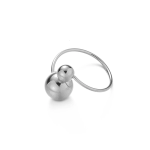Minimalist silver stainless steel open ring with two polished spheres on a white background