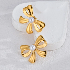 Bowknot Artificial Pearl Stainless Steel Stud Earrings For Women Western Style Vacuum Plating Gold Silver Color Earrings Jewelry Gift