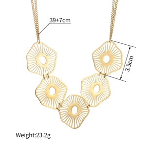 Detailed view of layered gold dragonfly petal necklace showing 39+7cm length and 23.2g weight
