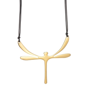 Detailed view of dragonfly pendant with matte gold finish on black cord necklace
