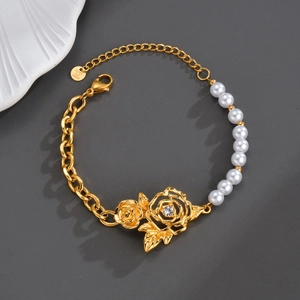 Stainless Steel Bracelet With Imitation Artificial Pearl Rose Flower Lip Ladybug Pendant Gold Plated Chain Elegant Jewelry For Women