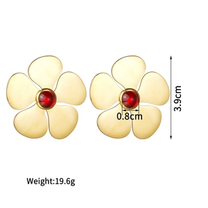 Boucles d'oreilles fleur or 18K avec gemme rouge, hauteur 3,9cm et poids de 19,6g