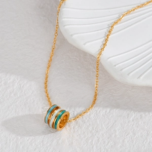 Three-color enamel geometric ring pendant on gold-plated stainless steel chain necklace