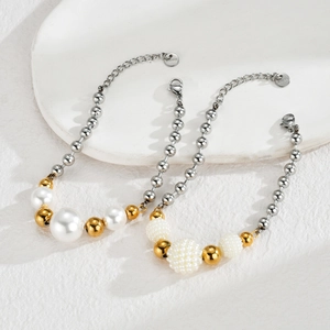 Minimalist stainless steel pearl beaded necklaces and bracelets in gold and silver finish