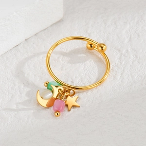 18k gold-plated stainless steel open ring with star, moon charms and colorful beads