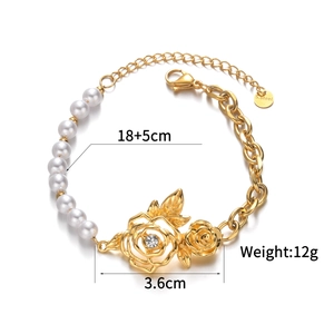 Elegant gold rose pearl stainless steel bracelet featuring half chain half pearl design