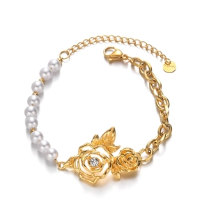 Golden stainless steel chain bracelet with white pearls and a rose zircon centerpiece