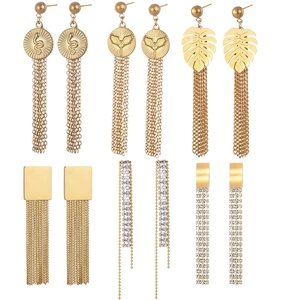Vintage Gold Plated Stainless Steel Tassel Drop Earrings Leaf Snake Zircon Fashion Jewelry For Women