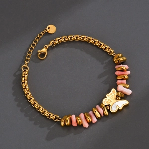 Vintage Butterfly Natural Stone Beaded Bracelet Stainless Steel Mother Of Artificial Pearl Inlaid Retro Boho Jewelry For Women