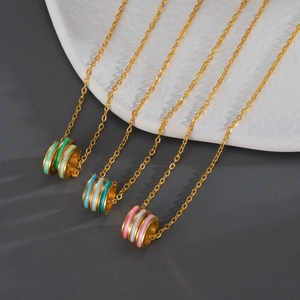 Stainless Steel Necklace For Women Triple Ring Enamel Pendant Minimalist Luxury Clavicle Chain Geometric Fashion Jewelry