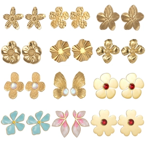 Boucles D'oreilles Puces Fleurs Vintage Plaqué Or 18K Acier Inoxydable Bijoux De Mode Botaniques Pour Femmes
