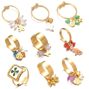 Stainless Steel Ring For Women 18K Gold Plated Open Adjustable Band With Colorful Beads Shell Charms INS Style Jewelry