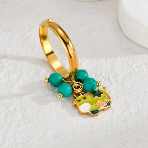 18k gold plated stainless steel open ring with green beads and colorful calf charm