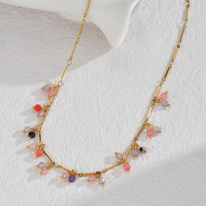 Chic gold chain necklace with colorful crystal bead fringe and tassels for women