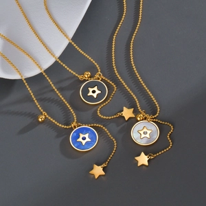 Collier Pendentif Étoile Ronde Plaqué Or 18K Acier Inoxydable Chaîne À Billes Émail Nacre Pour Femmes