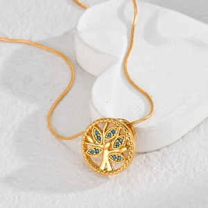 Collier Arbre de Vie plaqué or 18 carats avec pierres bleues et chaîne serpent
