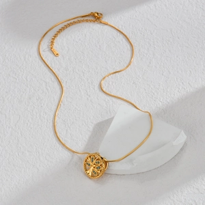 Collier Arbre de Vie en acier inoxydable doré 18K avec pierres bleues sur pierre blanche