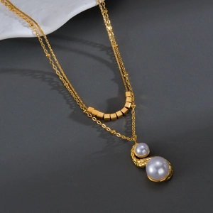 18K Gold Plated Stainless Steel Double Layer Necklace With Freshwater Pearl Pendant And Square Beads For Women Elegant