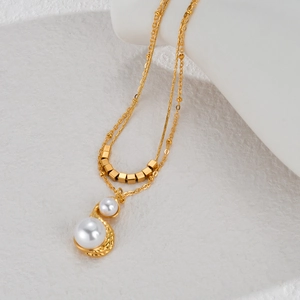 Elegant 18K gold plated double layer necklace with natural freshwater pearl pendant