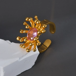 Bague Ouverte Vintage Sunburst Acier Inoxydable Plaqué Or 18K Fleur Zircone Rose Bijoux De Déclaration Pour Femmes