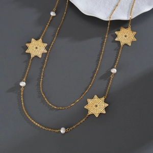 Collana Lunga Da Donna Acciaio Inossidabile Titanio Catena Per Maglione Croce Geometrica Stella Ciondolo Perla Artificial Gioielli