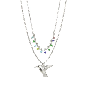 Collier double rang argenté avec pendentif colibri, perles colorées et petites étoiles