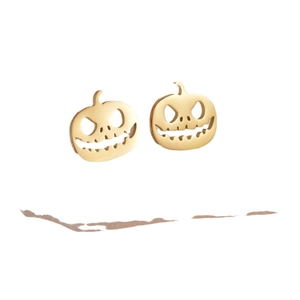 Golden stainless steel pumpkin face stud earrings for Halloween featuring mirror finish