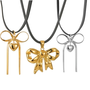 Bowknot Heart Pendant Necklace Stainless Steel Wax Cord Choker Fashion Jewelry For Women Elegant Ins Style
