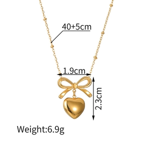 French bow heart pendant necklace in gold stainless steel with chain size dimensions