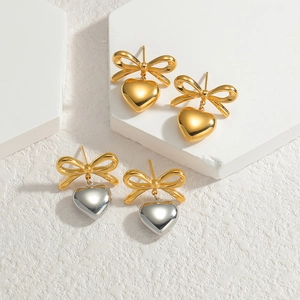 Elegant 18K gold plated bow and heart drop earrings in gold and silver finish