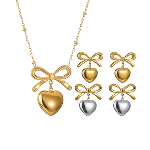 French Retro Bowknot Heart Pendant Necklace And Stud Earrings Stainless Steel Elegant Polished Jewelry For Women